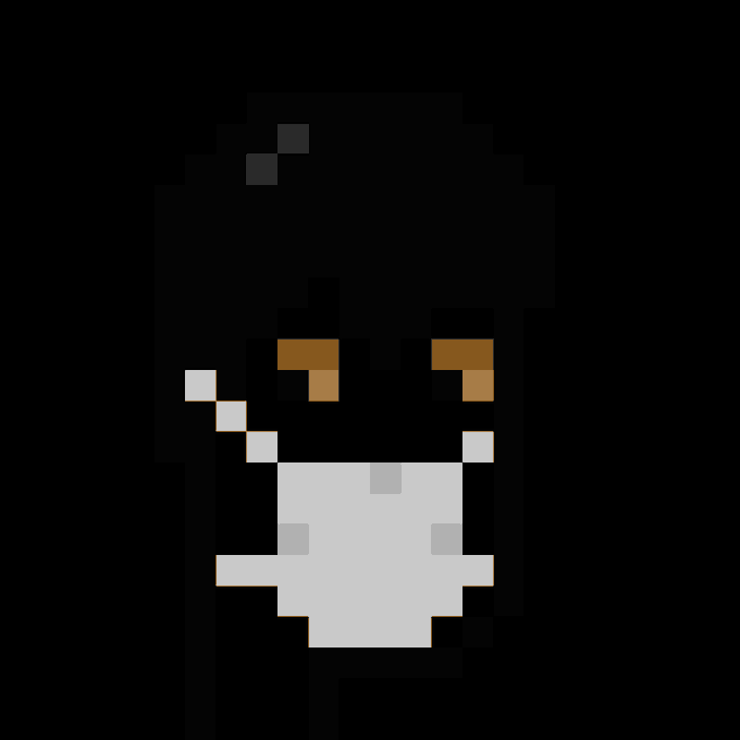 A minimalist pixel art portrait of a black hooded character with brown eyes and a gray beard set against a dark background.