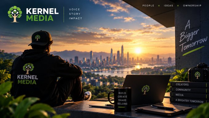 A promotional banner for 'KERNEL MEDIA' featuring a person looking out at a city skyline at sunset, alongside a laptop, branded mug, and book stack with text 'BUILD CREATE SHARE BELONG' and 'A Bigger Tomorrow'.