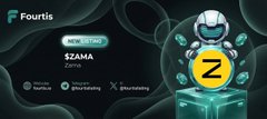 A promotional graphic for the cryptocurrency $ZAMA on the Fourtis platform, featuring a metallic robot character illustration and noting the token's 200% increase from a starting market cap of 50.4M to 151.7M since its Fourtis listing.