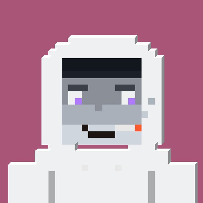 Pixel art portrait of a white-haired, gray-skinned character with purple eyes wearing a black visor and a white hoodie against a purple background.