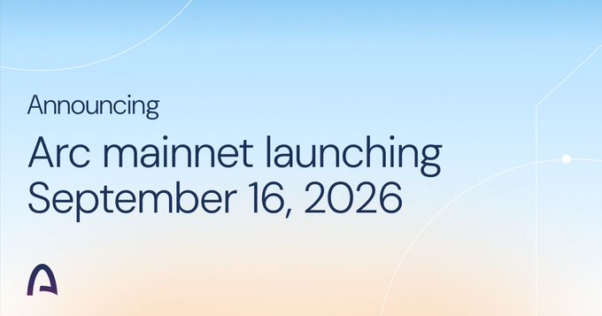 The image is an announcement graphic with a light blue and peach gradient background, displaying the text "Announcing Arc mainnet launching September 16, 2026" alongside the Arc logo, confirming the mainnet launch date mentioned in the post.