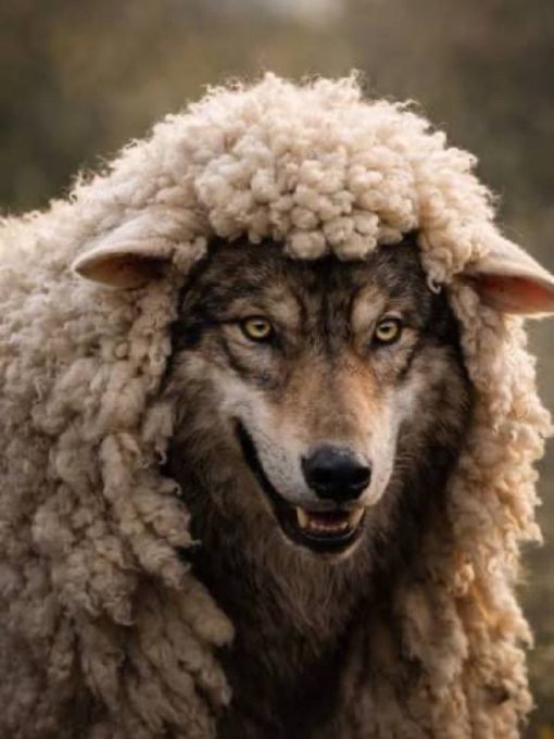 A close-up photograph of a wolf's face, with thick woolly fleece draped over its head and back, making it appear like a sheep.
