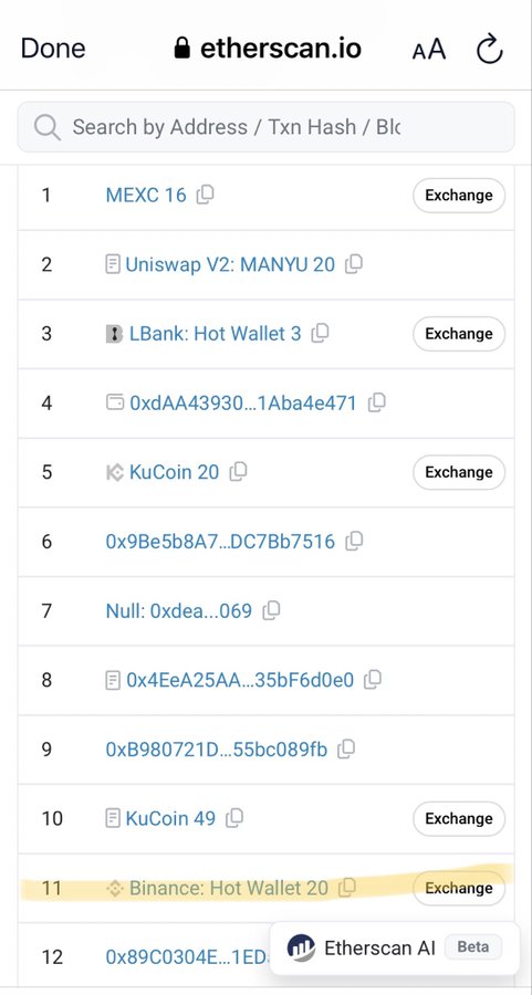A mobile screenshot of etherscan.io displaying a search interface with entries including MEXC 16, Uniswap V2: MANYU 20, LBank: Hot Wallet 3, KuCoin 20 and 49, Binance: Hot Wallet 20, and various other wallet addresses, with an 'Etherscan AI Beta' notification at the bottom.