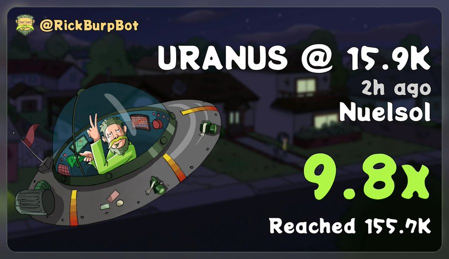 An animated graphic shows a character in a spaceship, featuring the text 'URANUS @ 15.9K', '2h ago Nuelsol', and '9.8x Reached 155.7K' with the handle '@RickBurpBot'.