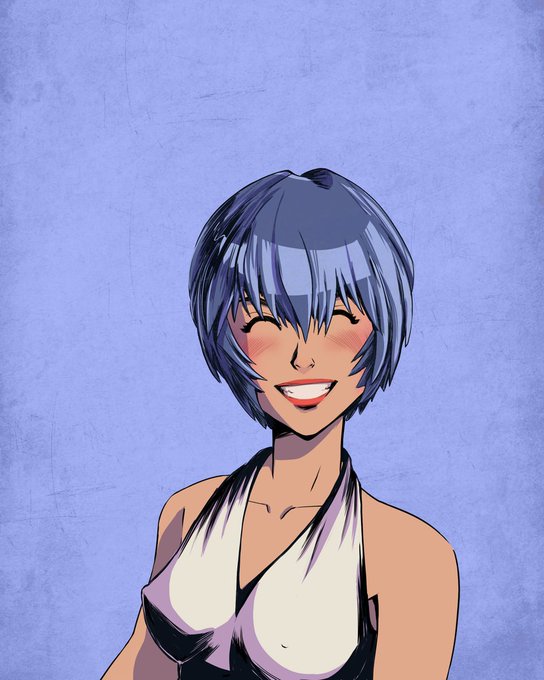 An anime-style illustration of a smiling young woman with short blue hair and red lipstick, wearing a white halter top against a blue background.