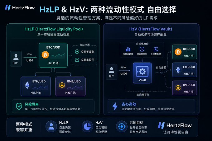 A dark-themed infographic comparing Hertzflow's two liquidity models: HzLP (single-market independent liquidity pool for manual depth management) and HzV (automated multi-market asset allocation with strategy optimization), supporting BTC/USD, ETH/USD, and BNB/USD pairs.
