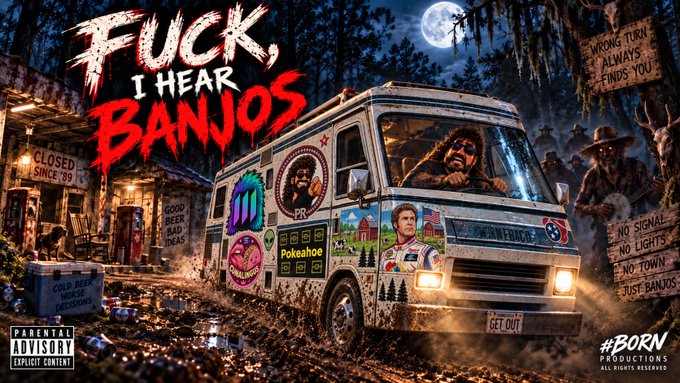 Parody horror-style album or movie poster titled 'FUCK, I HEAR BANJOS' depicting a decorated delivery van with a Bigfoot-like creature driving, surrounded by ominous warning signs in a dark forest setting.