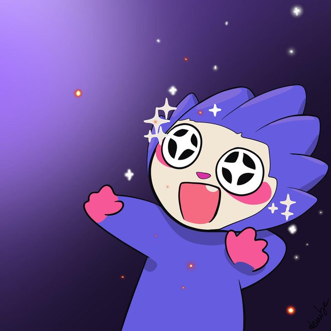 A cartoon illustration of a blue character with spiky hair, big eyes, and an excited expression against a purple background with sparkles.