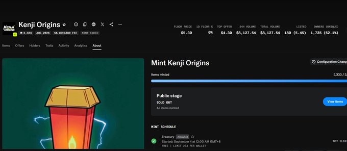 A marketplace page for “Kenji Origins” (ticker KENJI) shows 3,333 of 3,333 items minted, with a floor price of 5.30 and a top offer of 4.30. The “SOLD OUT” public-stage status and recent Sep. 4, 2022 schedule reflect the post’s reference to minting and rapidly rising NFT market values.