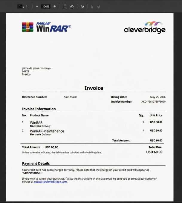 A WinRAR invoice from cleverbridge billed to 'jaime de jesus moncayo' in Mexico, dated May 25, 2026, for WinRAR Electronic Delivery and Maintenance totaling USD 60.00.