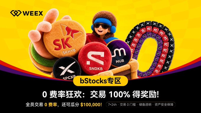 A WEEX cryptocurrency exchange advertisement in Chinese for 'bStocks专区' featuring a cartoon mascot and plush-like mascots representing various stocks (SK hynix, SPC, BNDKB, MUB), promoting a zero-fee trading event with a $100,000 prize pool.