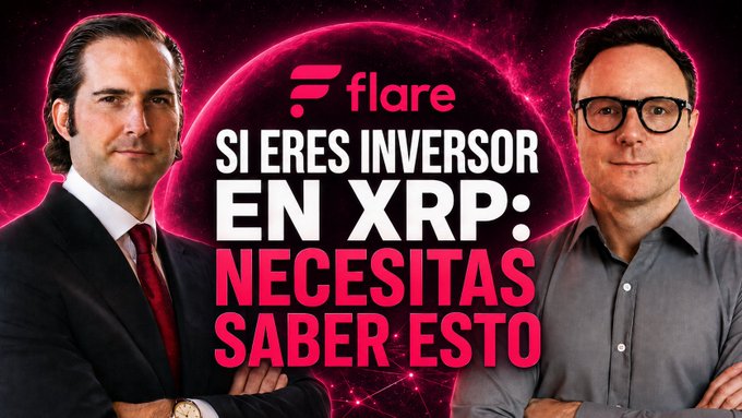The image shows two men in suits flanking a bold headline in Spanish reading "SI ERES INVERSOR EN XRP: NECESITAS SABER ESTO" (If you are an XRP investor: You need to know this), alongside the Flare logo, promoting an interview between Flare co-founder Hugo Philion and "Coach Fo" discussing XRPFi and Flare 2.0.