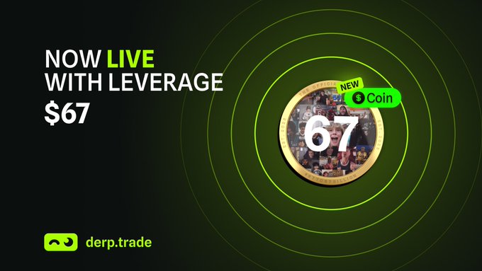 The image features a circular graphic with a gold coin at its center, surrounded by green circles that appear to be radiating outwards from the coin. The text "Now live with leverage" is written above the coin, while the number "67" is positioned below it. Below this, there's another line of text that reads "New O Coin". This suggests that the image might be related to a cryptocurrency or digital currency platform, possibly promoting a new coin or offering leverage for existing coins. The overall design and layout of the image seem to be focused on conveying information about the coin in an engaging manner.