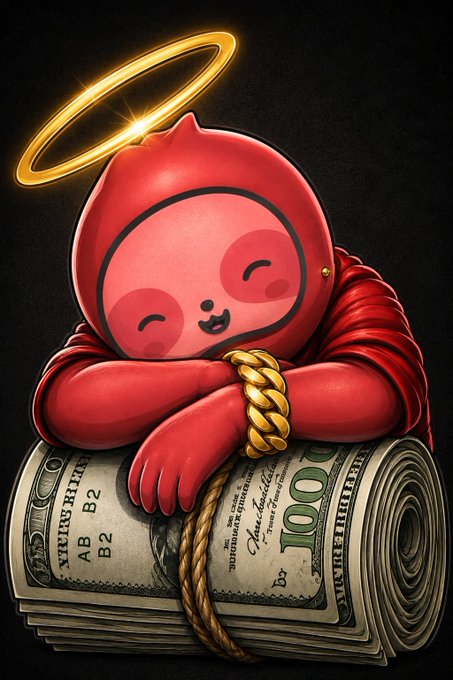 A stylized 3D illustration depicts a red, round character with a golden halo resting its arms on a large roll of hundred-dollar bills secured with a gold rope.