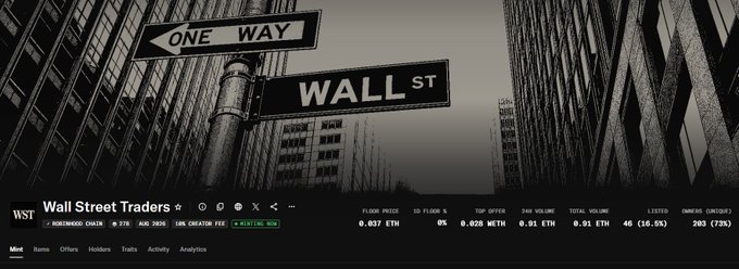 The image shows the X (formerly Twitter) profile header for "Wall Street Traders" (@WSTbyCommit), featuring a black-and-white photo of the iconic "Wall St" and "One Way" street signs in New York City, with the account displaying 289 followers and 283 posts. The accompanying post celebrates a token mint hitting a new all-time high of 0.045 ETH, congratulating early minters as the project gains traction in the crypto community.