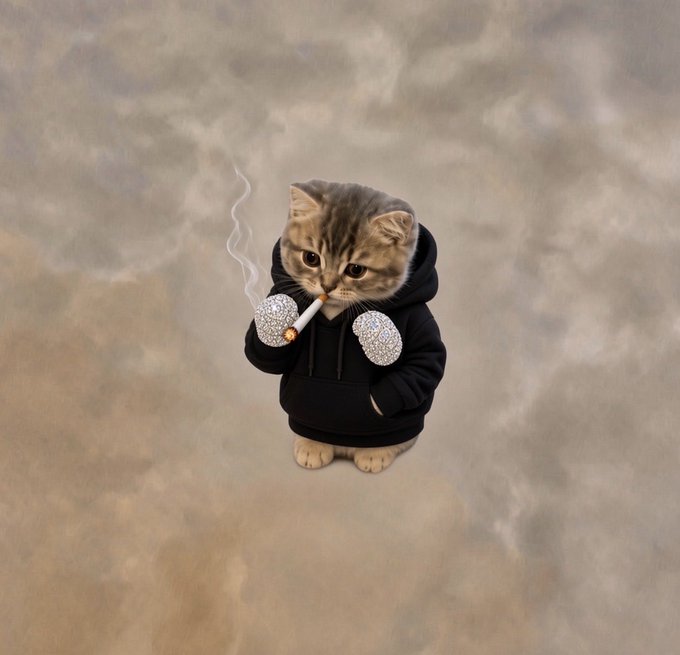 A small tabby kitten wearing a black hoodie with diamond-encrusted paws holds a cigarette, standing against a smoky gray background—a "gm" visual pun pairing the diamond-studded paws with the "diamond hands" reference to holding crypto investments through volatility.