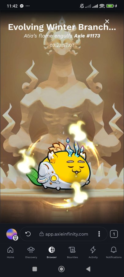 The image shows a mobile screenshot of the Axie Infinity app displaying the evolution of "Winter Branch" into Axie #1173, with a timer counting down from over 3 hours as "Atia's flame engulfs" the evolving creature. This relates to the user's post about transferring their mystics between accounts to lock them in terrariums, likely showing the evolution process required before securing the mystics for breeding or storage.