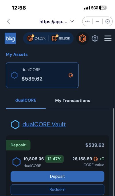 A mobile screenshot of the b14g wallet app displaying a dualCORE asset balance of $539.62 in a dualCORE Vault.