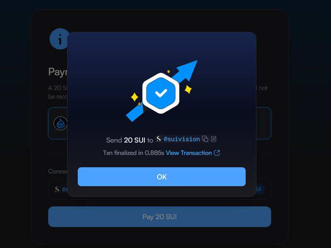 A cryptocurrency transaction confirmation screen showing 'Send 20 SUI' with a rocket icon, noting 'Txn finalized in 0.885s' with a blue 'OK' button.