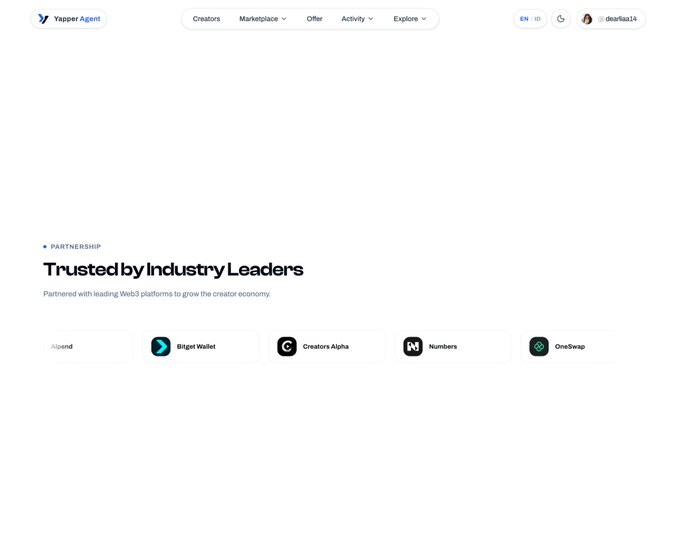 A webpage from 'Yapper Agent' displays a 'PARTNERSHIP' section titled 'Trusted by Industry Leaders' featuring logos for Aspend, Bitget Wallet, Creators Alpha, Numbers, and OneSwap, with the account 'deurlas14' visible in the top right.