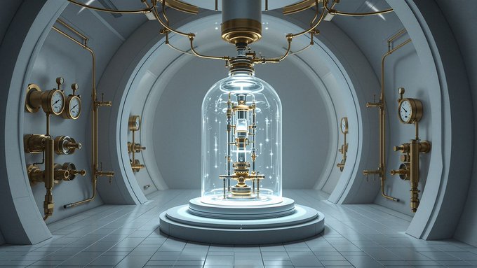 A digital illustration of a futuristic chamber featuring a glowing cylindrical containment device surrounded by brass pipes and pressure gauges.
