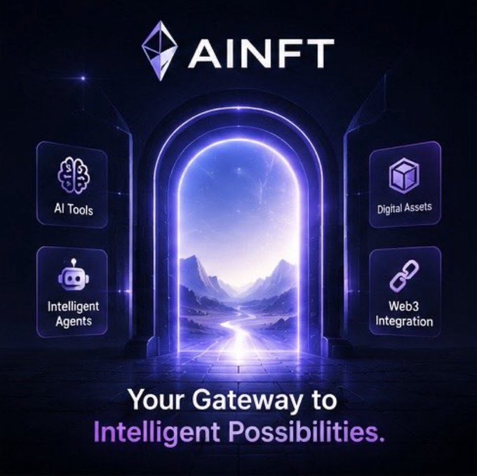 A promotional graphic for 'AINFT' with the tagline 'Your Gateway to Intelligent Possibilities,' featuring a glowing portal and icons for AI Tools, Digital Assets, Intelligent Agents, and Web3 Integration.