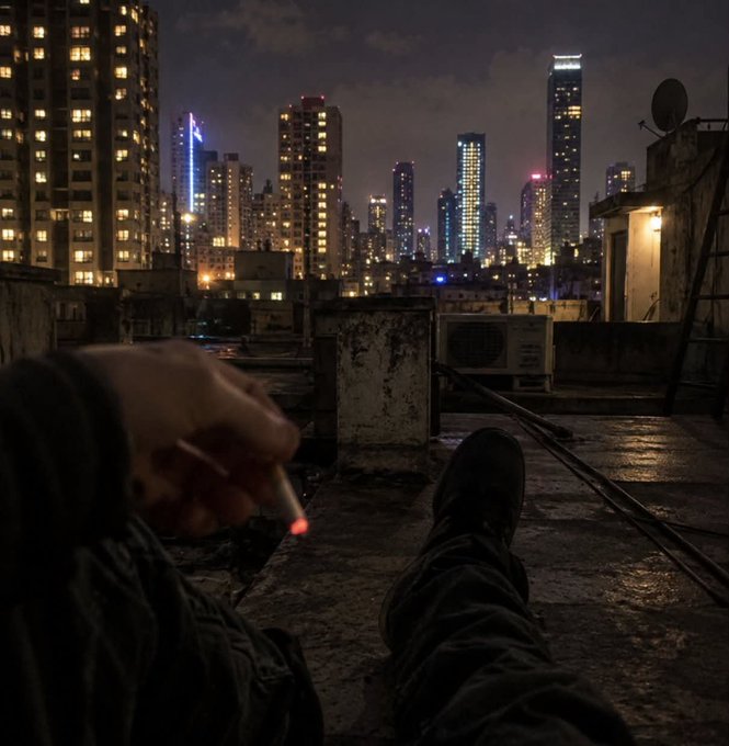 First-person view of someone smoking a cigarette on a rooftop at night, overlooking a city skyline with illuminated skyscrapers.