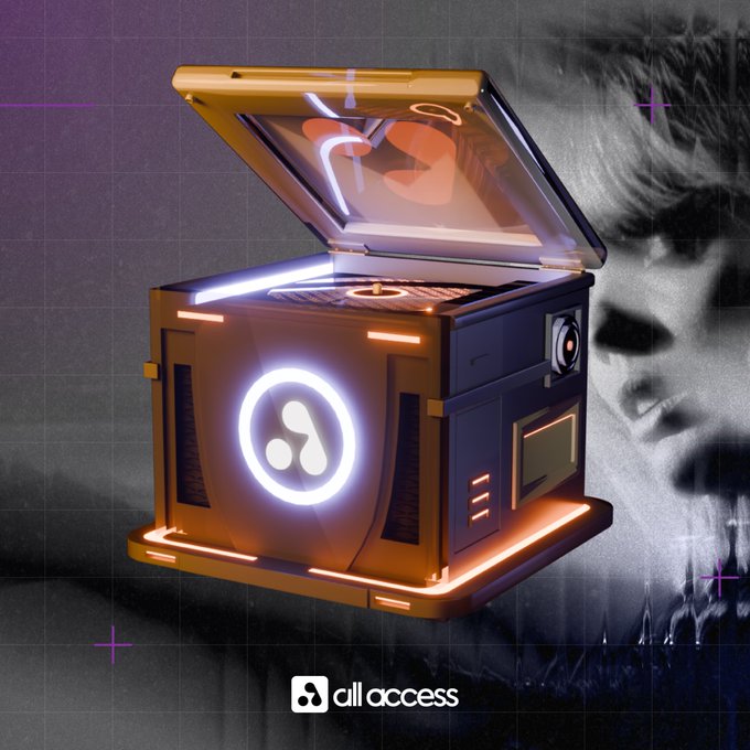 The image features a mysterious box with neon orange lights, which appears to be an electronic device or game console. The box has a unique design that includes a logo of three circles connected by lines. The background of the image is black and white, creating a stark contrast between the neon box and its surroundings. In the bottom right corner of the image, there's a small text that reads "All Access Free Mystery Boxes Giveaway I'm giving away 3x WL spots on this post Follow: @SHADOW_NFT15 & @LegacyWeb3io".