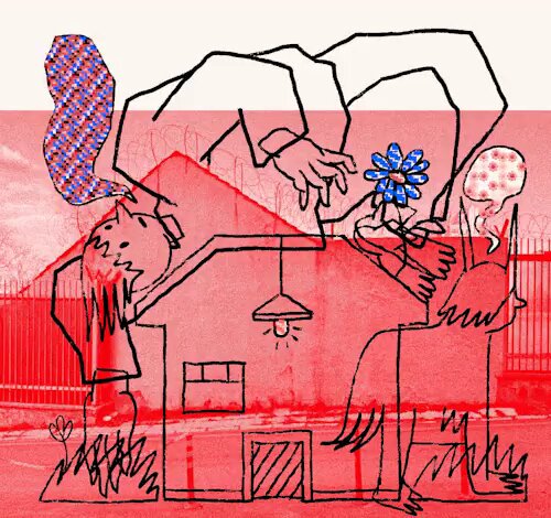 The image features a drawing of a house with two people standing inside, one holding a flower while the other holds a bow tie. The drawing also includes elements from nature such as trees and grass. The post has been edited by @sjf_keef for 0.15 ETH ($304.38) $RARE.