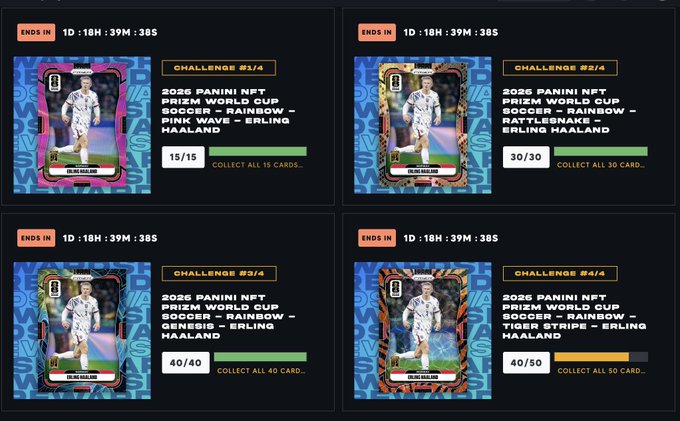 Four digital collectible card challenges for the 2026 Panini NFT Prizm World Cup Soccer - Rainbow - Erling Haaland series, showing progress at 15/15, 30/30, 40/40, and 40/50 cards collected.