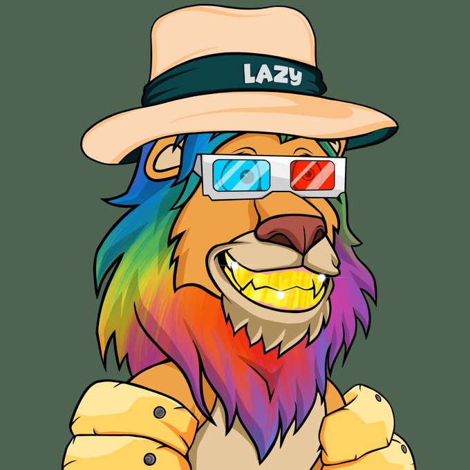 A cartoon lion character with a rainbow-colored mane wears a hat labeled 'LAZY', a yellow puffer vest, and red and blue 3D glasses.