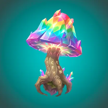 A stylized 3D render of a fantasy tree with a vibrant rainbow-colored crystalline canopy, brown roots with glowing runes, and small crystal formations, set against a teal background.