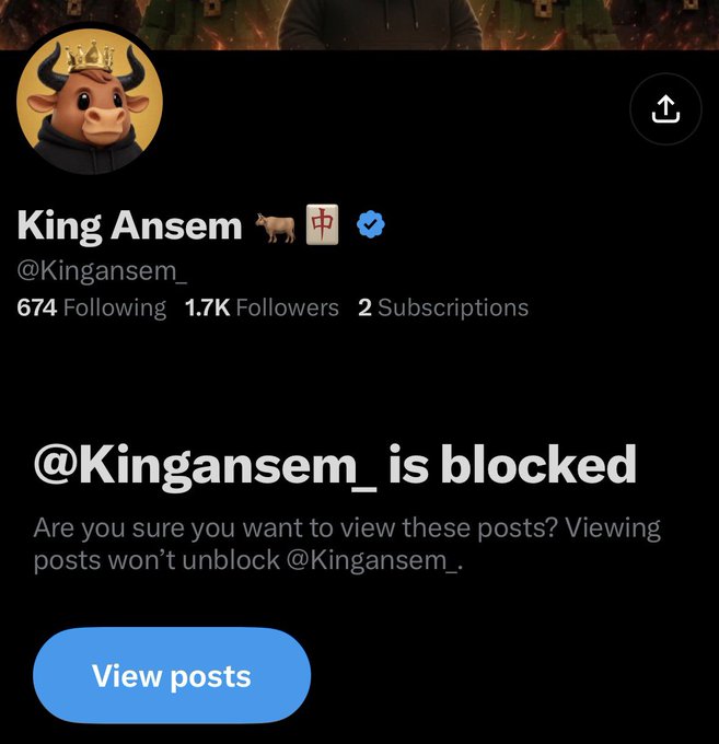 A screenshot of a blocked Twitter/X profile for "King Ansem" (@Kingansem_) showing 1.7K followers and 674 following, with a "View posts" button displayed. The image illustrates the post's message about avoiding someone whose crypto moves have gone wrong, as the user has blocked this account.