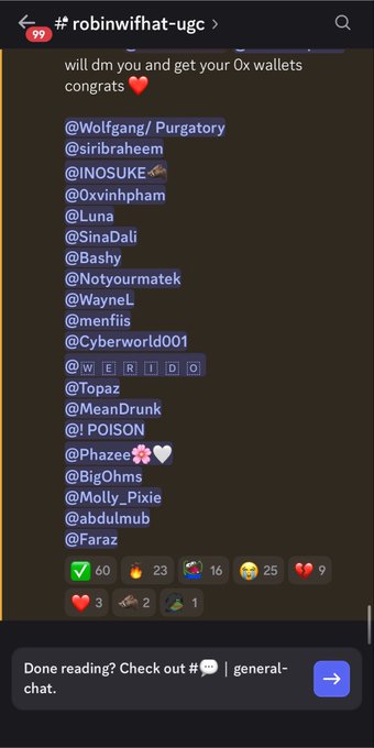 Discord channel #robinwifhat-ugc listing tagged usernames who will be DM'd for 0x wallet congrats, with reactions including 60 checkmarks, 23 fire emojis, and 25 crying emojis.
