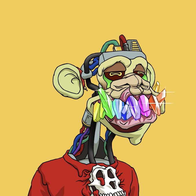 A stylized digital illustration of a grotesque, cybernetic character with an exposed skull-like face, colorful crystalline teeth, wires, and a red hoodie featuring a white skull design, set against a yellow background.