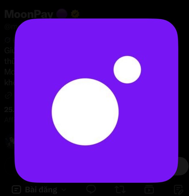 A purple square app icon featuring two white circles of different sizes, displayed over a dark background with partially visible Vietnamese text including 'MoonPay' and 'Bài đăng'.