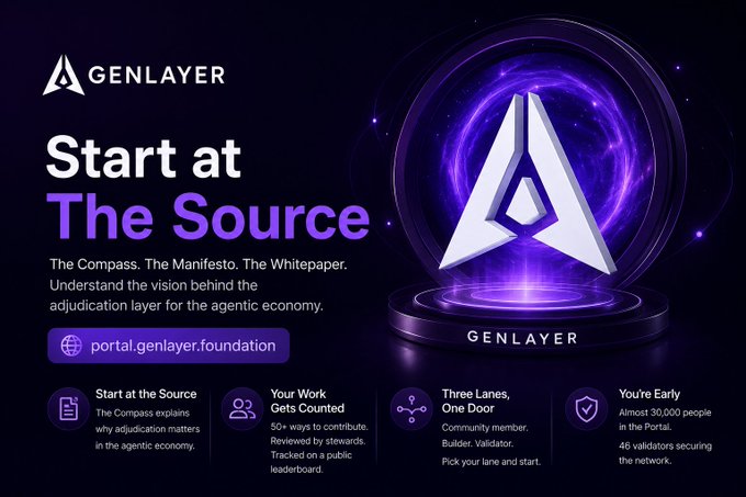 A promotional banner for Genlayer with the tagline 'Start at The Source', featuring a purple glowing 'A' logo and information about their portal at portal.genlayer.foundation.