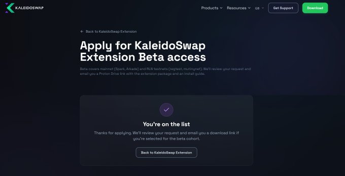 A KaleidoSwap webpage confirming 'You're on the list' after applying for their Extension Beta access, with navigation for Products, Resources, Get Support, and Download.