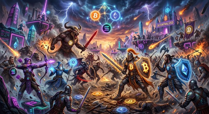 A dramatic fantasy battle scene depicts armored warriors wielding glowing Bitcoin, Ethereum, and Solana shields and weapons clashing with a horned beast, while a central pentagram displays logos for $BTC, $ETH, $DOGE, and $SOL beneath the word "CENTRALIZED," visually representing the epic showdown between the named cryptocurrencies.