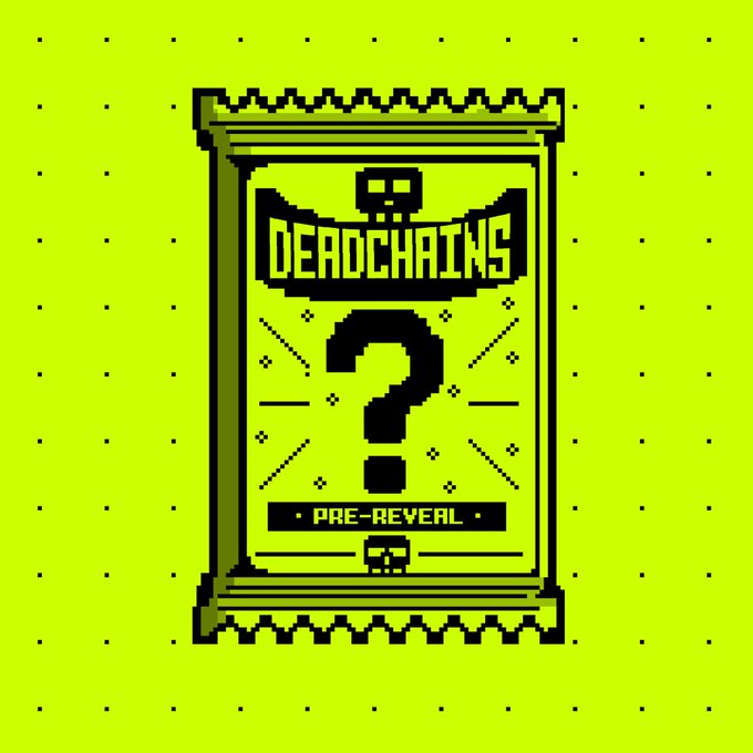 A pixel-art green "Deadchains" pre-reveal pack displays a question mark and small skulls, promoting an NFT-style mystery draw—visually matching the post's invitation to open a "Deadpack" and discover a "Deadchain."