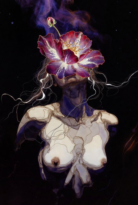 A surreal figure with a blooming purple-and-red flower in place of a face embodies the post's theme of "The Face of Love," while the accompanying text references "GM," the ticker ꜩ (Tether), and the number 22.22.