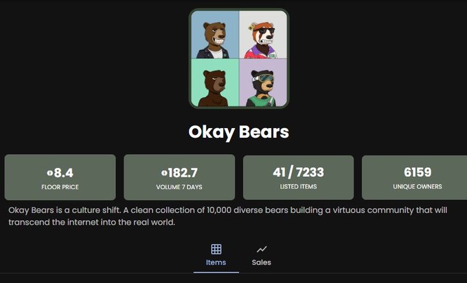 An NFT marketplace listing for the 'Okay Bears' collection showing 8.4 ETH floor price and 182.7 ETH 7-day volume.
