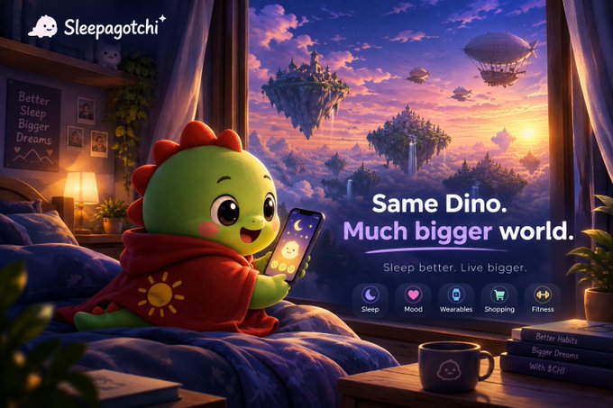 A promotional illustration for 'Sleepagotchi' featuring a green cartoon dinosaur in a red hoodie looking at a phone, with the text 'Same Dino. Much bigger world.'
