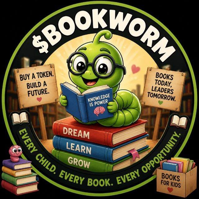 A colorful logo featuring a green cartoon bookworm reading 'KNOWLEDGE IS POWER' titled '$BOOKWORM', with signs reading 'BUY A TOKEN. BUILD A FUTURE.' and 'BOOKS TODAY, LEADERS TOMORROW.', and the tagline 'EVERY CHILD. EVERY BOOK. EVERY OPPORTUNITY.'