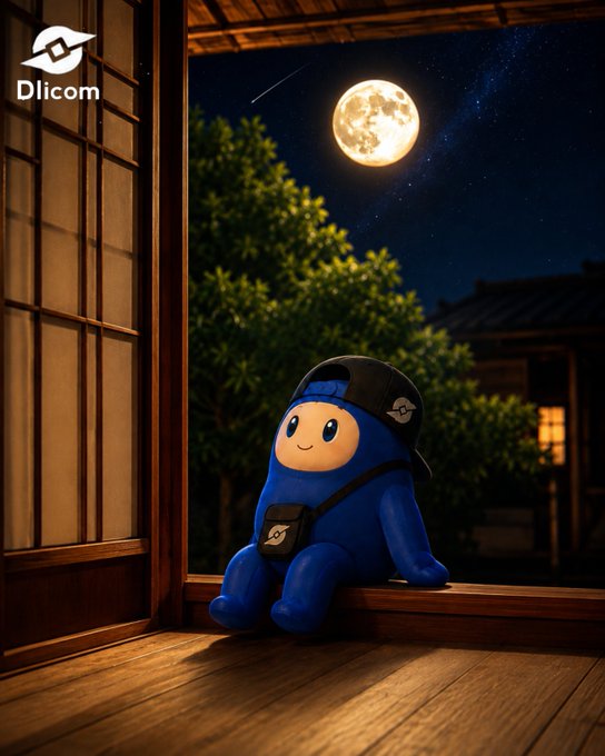 A cute blue cartoon character wearing a black cap sits on a wooden windowsill, gazing out at a full moon and starry night sky, with a 'Dlicom' logo in the corner.