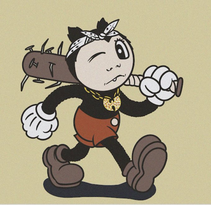 A cartoon illustration of a black and white cat-like character wearing a bandana, gold chain, red shorts, and brown boots, carrying a spiked bat over its shoulder on a yellow background.