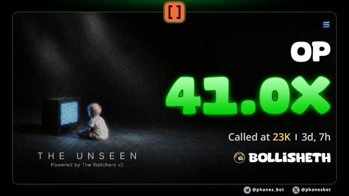 A promotional graphic titled 'THE UNSEEN - Powered by The Watchers v2' by Bollisheth on Phanes bot, displaying a 'OP 41.0x' call at 23K with 3 days, 7 hours remaining.