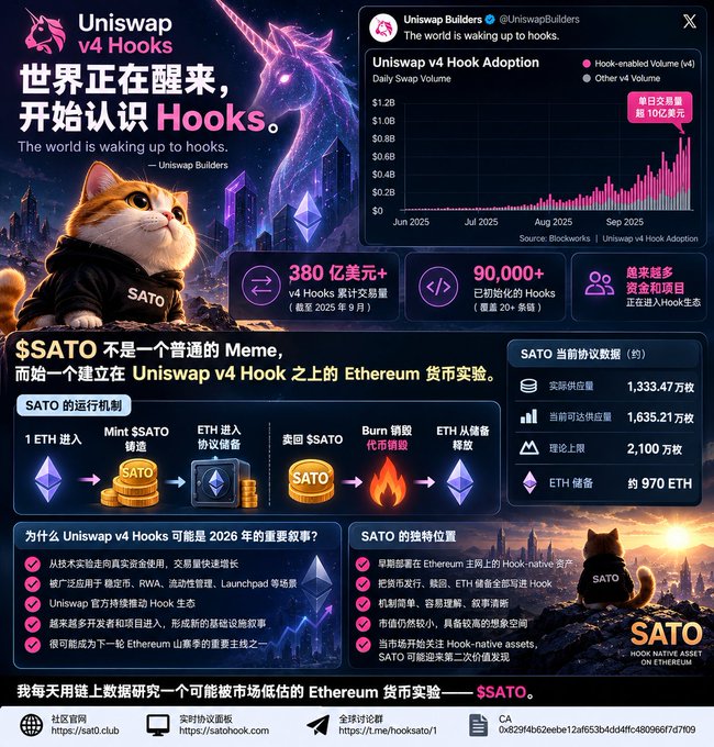 Uniswap v4 Hooks promotional graphic featuring a cat in a hoodie with 'SATO' on it, charts showing Hook Adoption growth from Uniswap Builders, and Chinese text explaining the $SATO token mechanism.