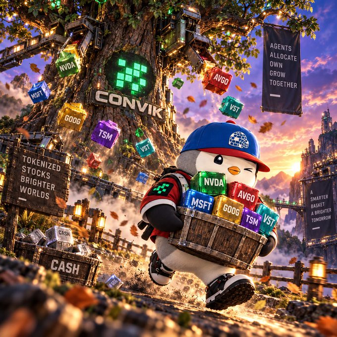 A vibrant 3D-rendered illustration of a penguin mascot carrying a basket of tokenized stock cubes labeled NVDA, AVGO, MSFT, GOOG, TSM, and VST, with banners reading 'CONVIK', 'AGENTS ALLOCATE OWN GROW TOGETHER', 'TOKENIZED STOCKS BRIGHTER WORLDS', and 'A SMARTER BASKET A BRIGHTER TOMORROW'.
