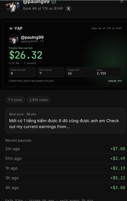 A profile for @pauling99 shows $26.32 in creator fees from 7 X posts with 2,925 views.